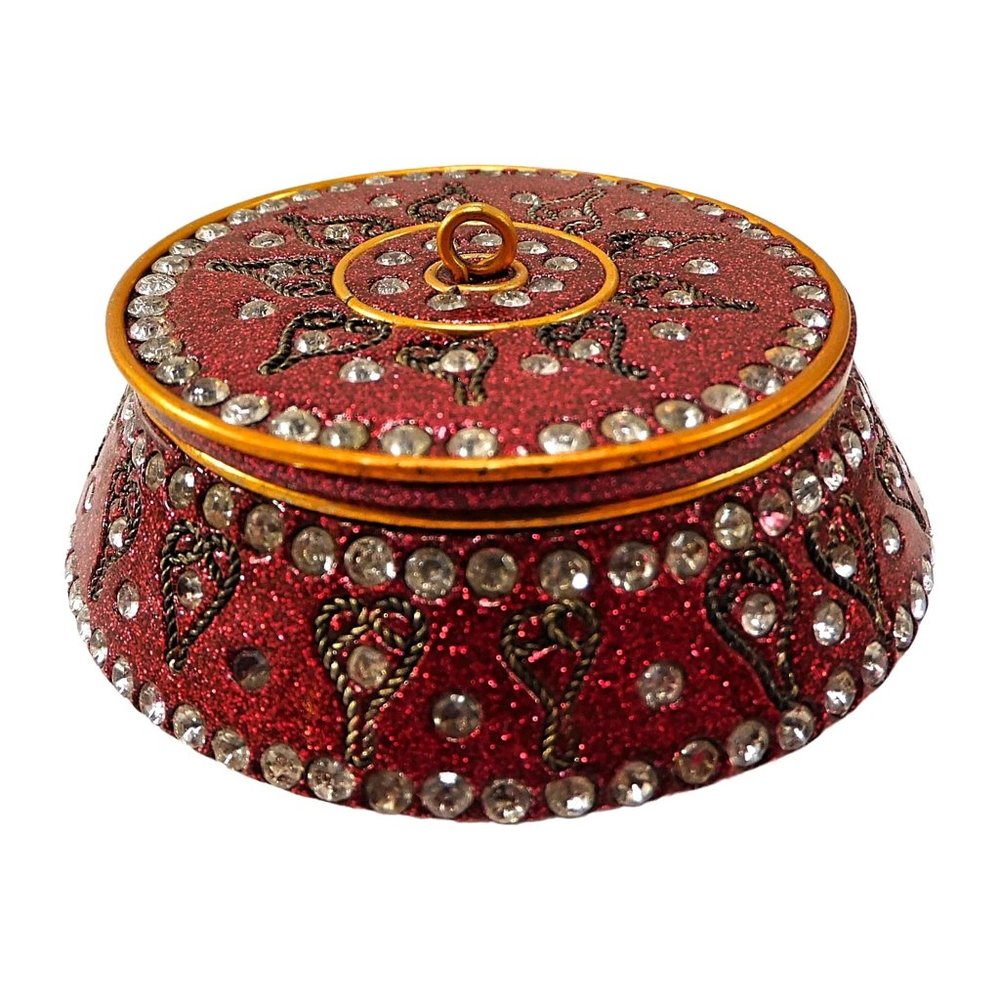 Burgundy Enamel Trinket Ring Box Metallic Fleck Finish Rhinestones Inlaid Hearts